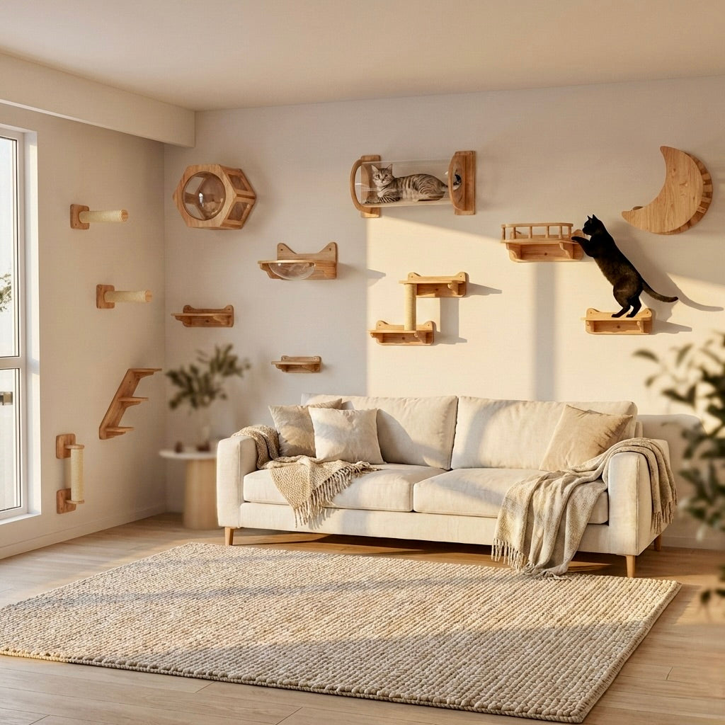 Parcours Mural pour Chat SkyWalk HammiePets - Arbre à Chat Mural en Bois de Pin Massif - Modulable & Gain de Place