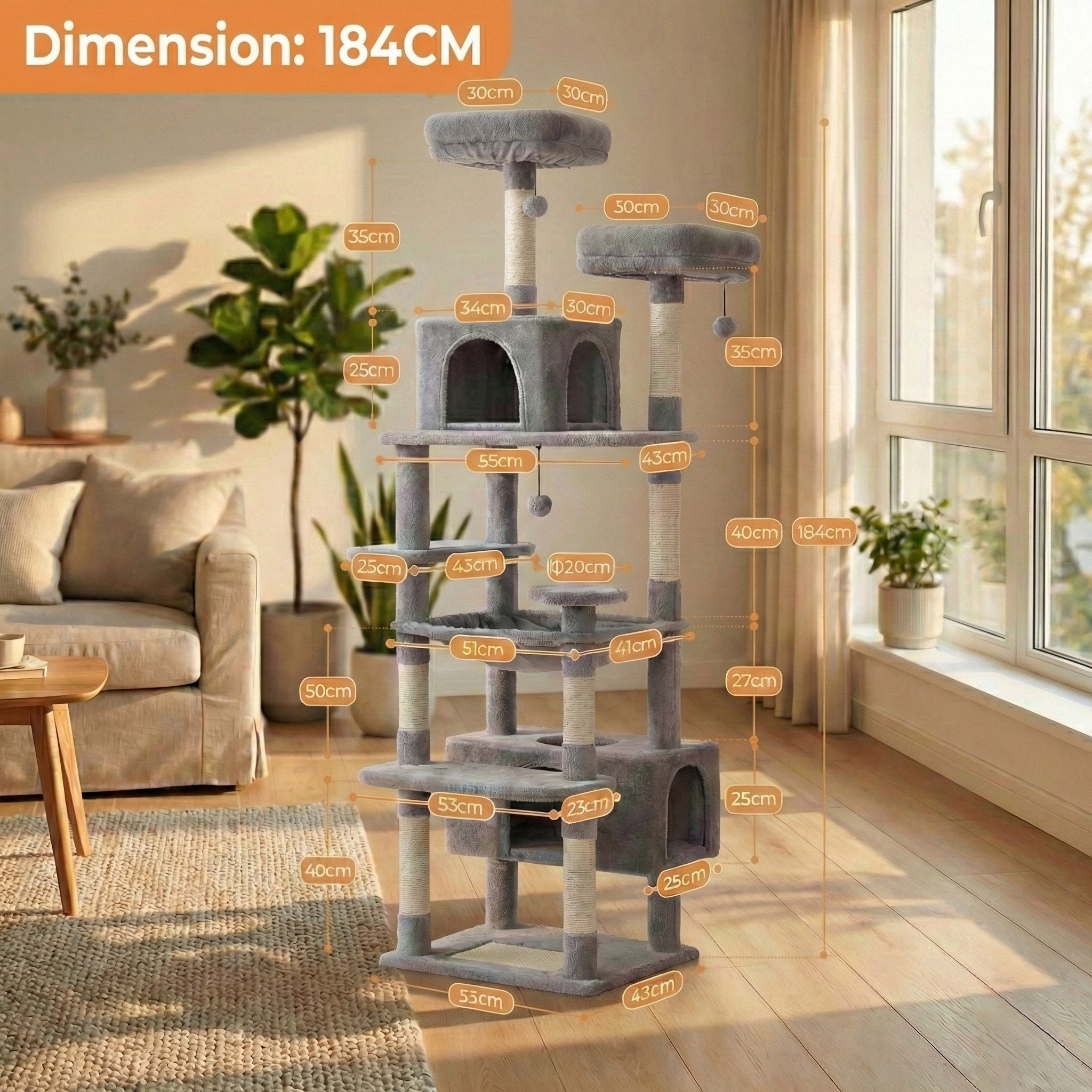 Arbre à Chat Géant SkyPalace HammiePets - Spécial Maine Coon & Multi-Chats - Hauteur 136 à 184cm