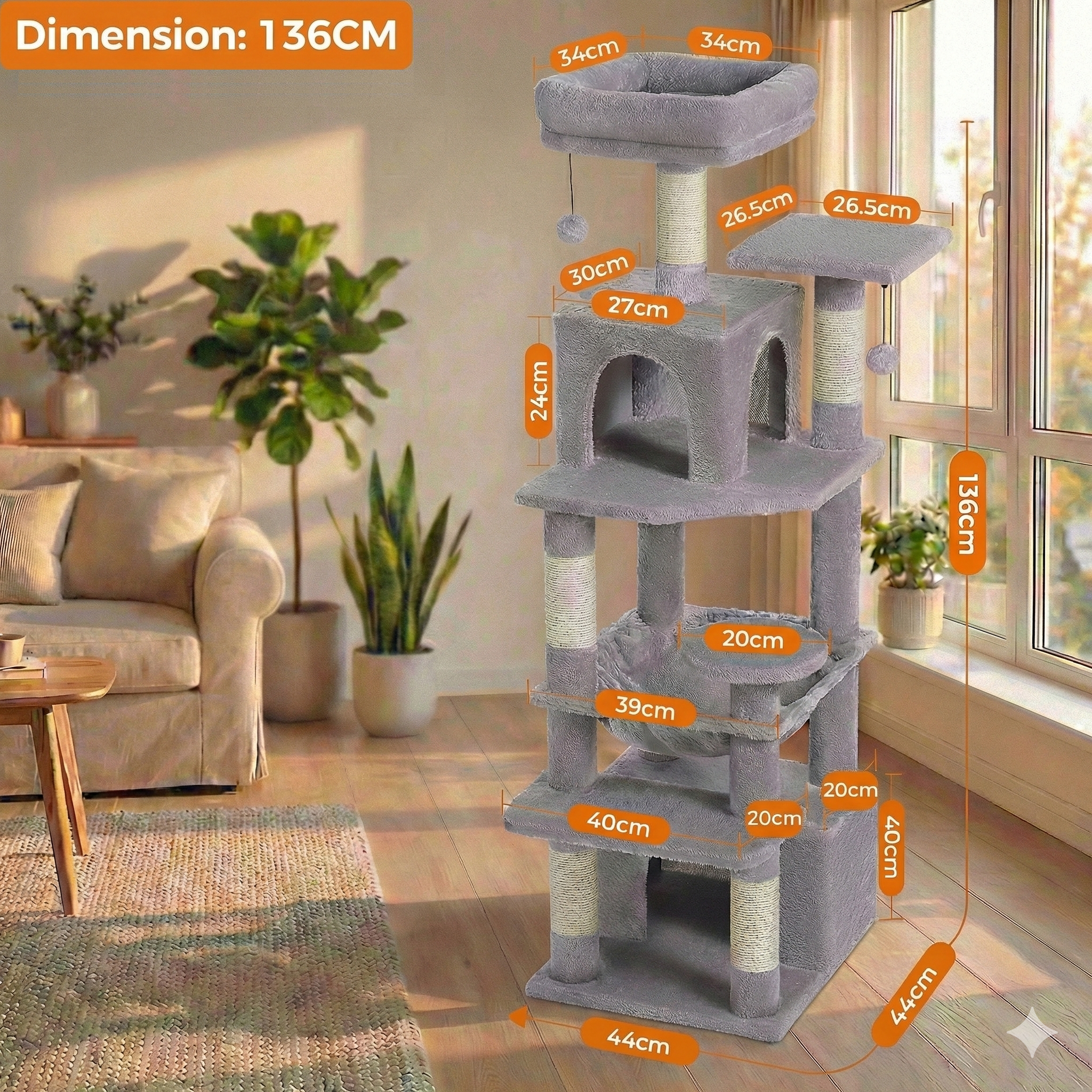 Arbre à Chat Géant SkyPalace HammiePets - Spécial Maine Coon & Multi-Chats - Hauteur 136 à 184cm