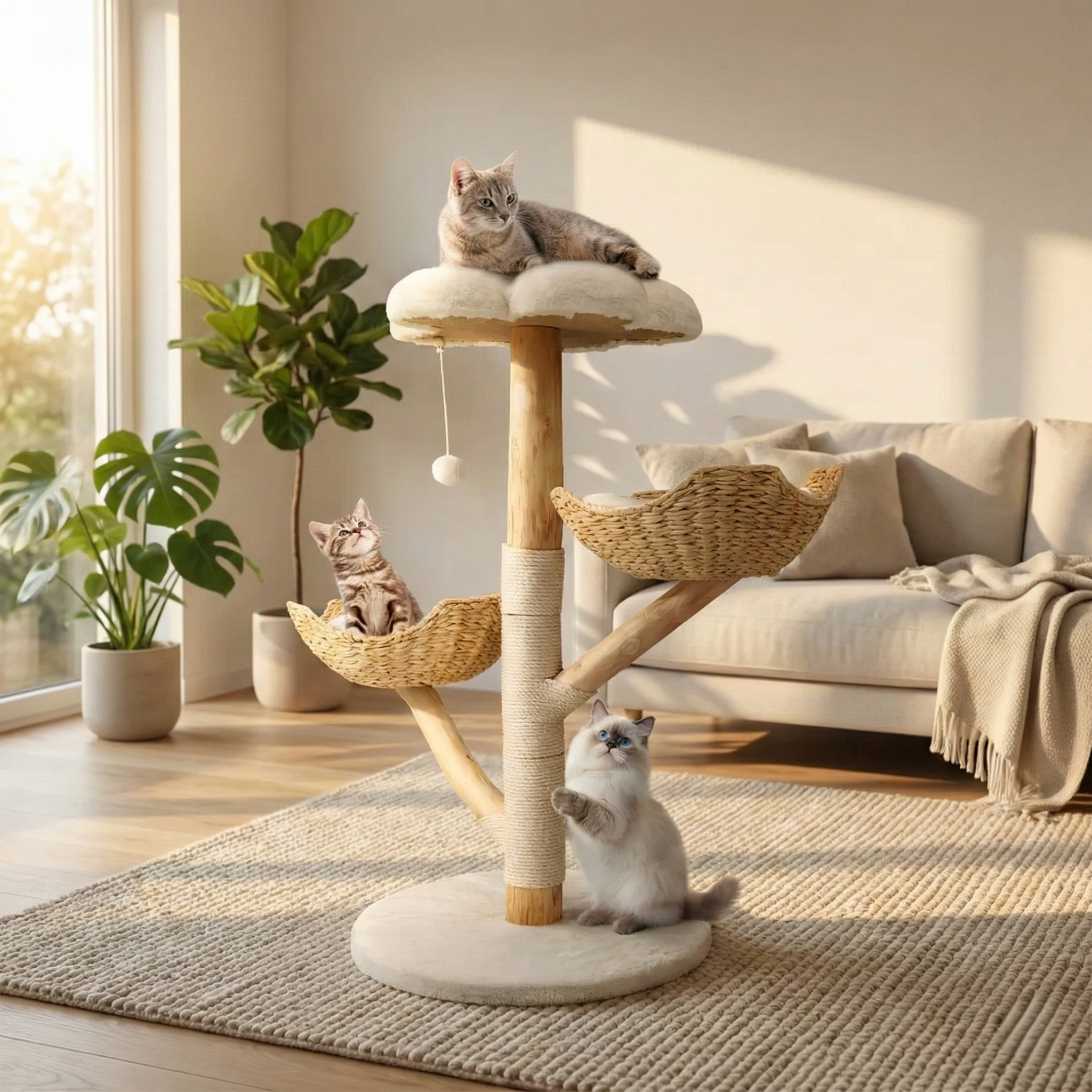 Arbre à Chat Design Nordic Wood HammiePets - 110cm - Bois Moderne & Coussins Lavables