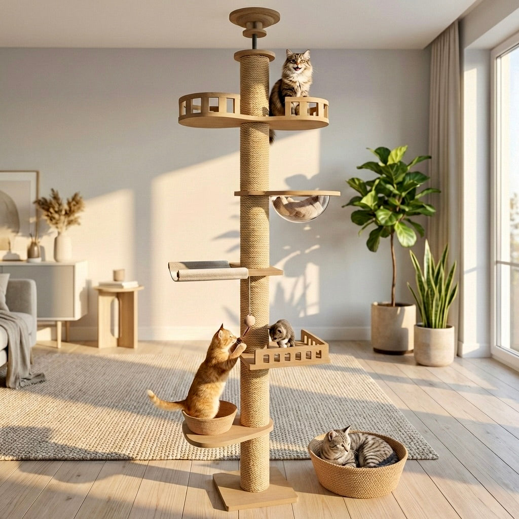 Tour d'Escalade Skyline HammiePets - Arbre à Chat Sol-Plafond 250-270cm - Sans Perçage & Télescopique