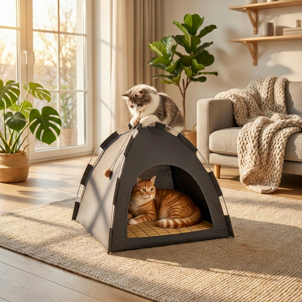 Lit Grotte Refuge HammiePets - Panier Chat Apaisant en Forme de Tente - Gris - Tailles M/L/XL