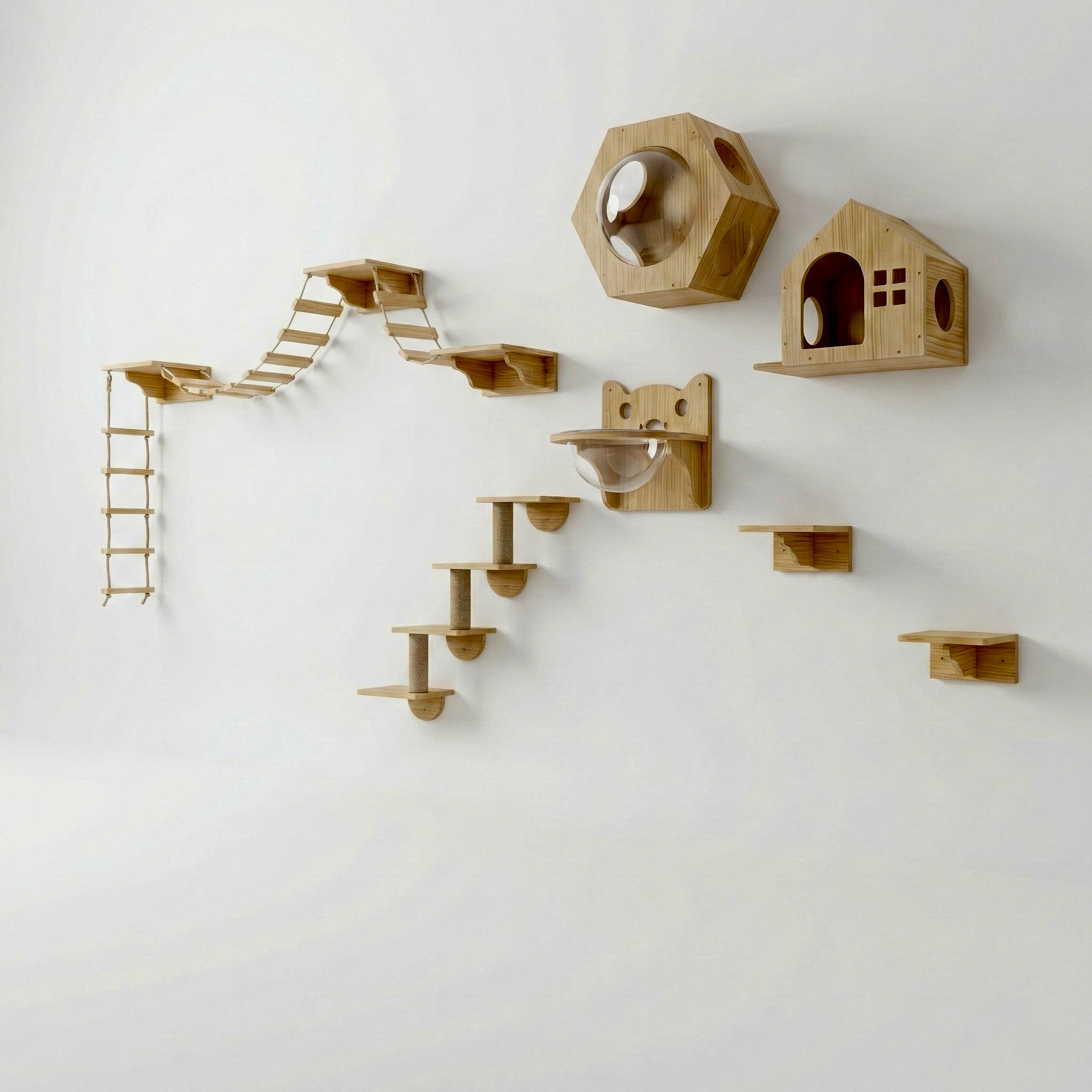 Parcours Mural pour Chat SkyWalk HammiePets - Arbre à Chat Mural en Bois de Pin Massif - Modulable & Gain de Place