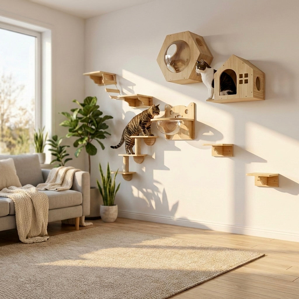 Parcours Mural pour Chat SkyWalk HammiePets - Arbre à Chat Mural en Bois de Pin Massif - Modulable & Gain de Place