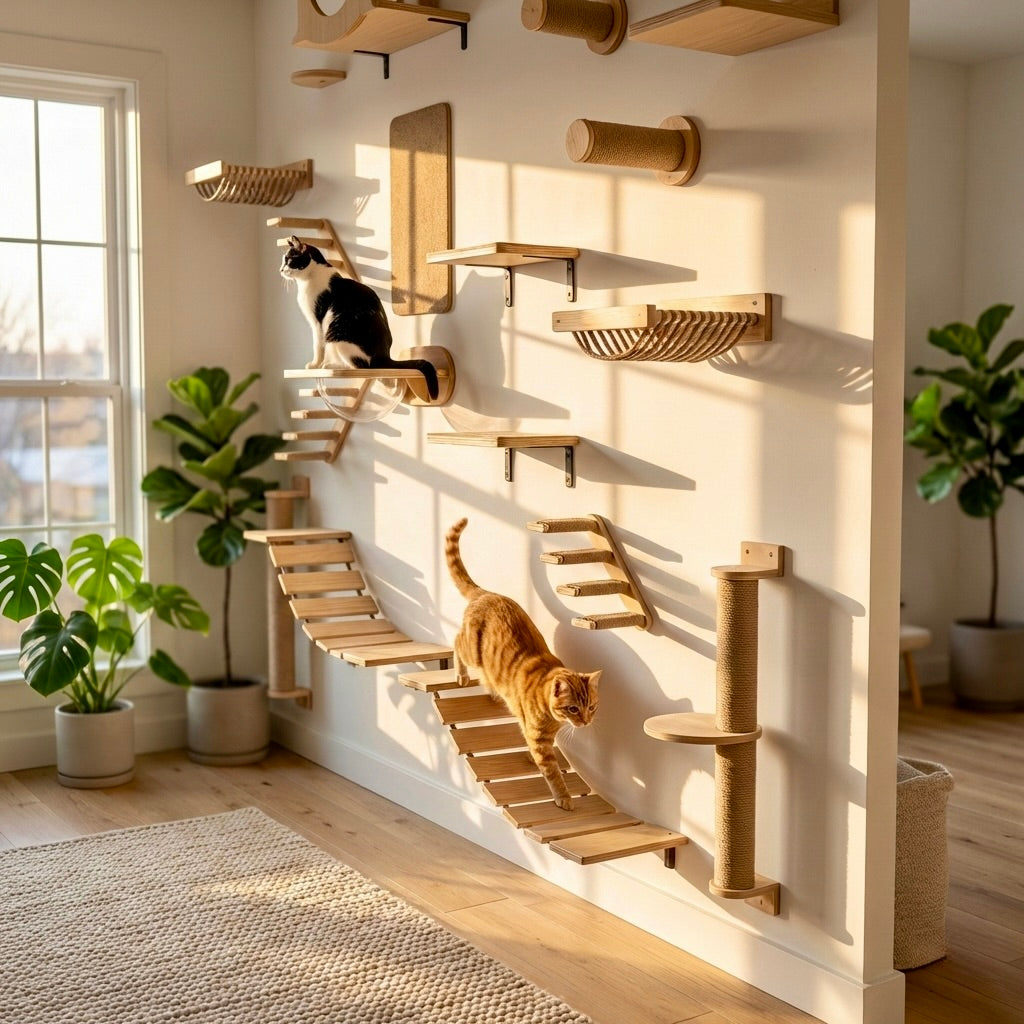 Parcours Mural SkyWalk HammiePets - Arbre à Chat Mural en Bois de Pin Massif - Modulable & Gain de Place