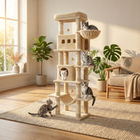 Arbre à chat XXL SkyLounge 170cm avec 6 niveaux pour Maine Coon, structure en bois et tapis doux, idéal pour grands chats.