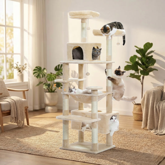 Arbre à chat XXL SkyPalace 184cm HammiePets avec 8 niveaux, pour Maine Coon, en sisal et plateforme en bois.