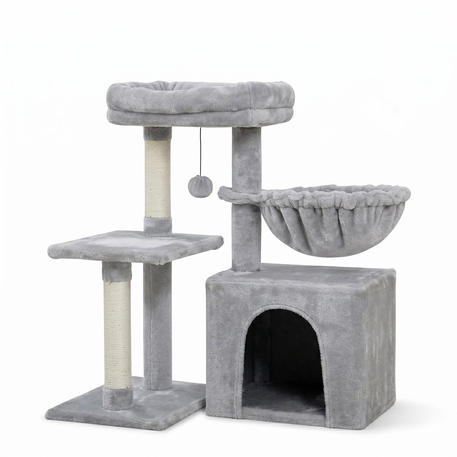 Arbre à chat compact HammiePets Flexi-Tower A 80cm avec base pivotante à 180°, en peluche douce et plateforme d'observation.