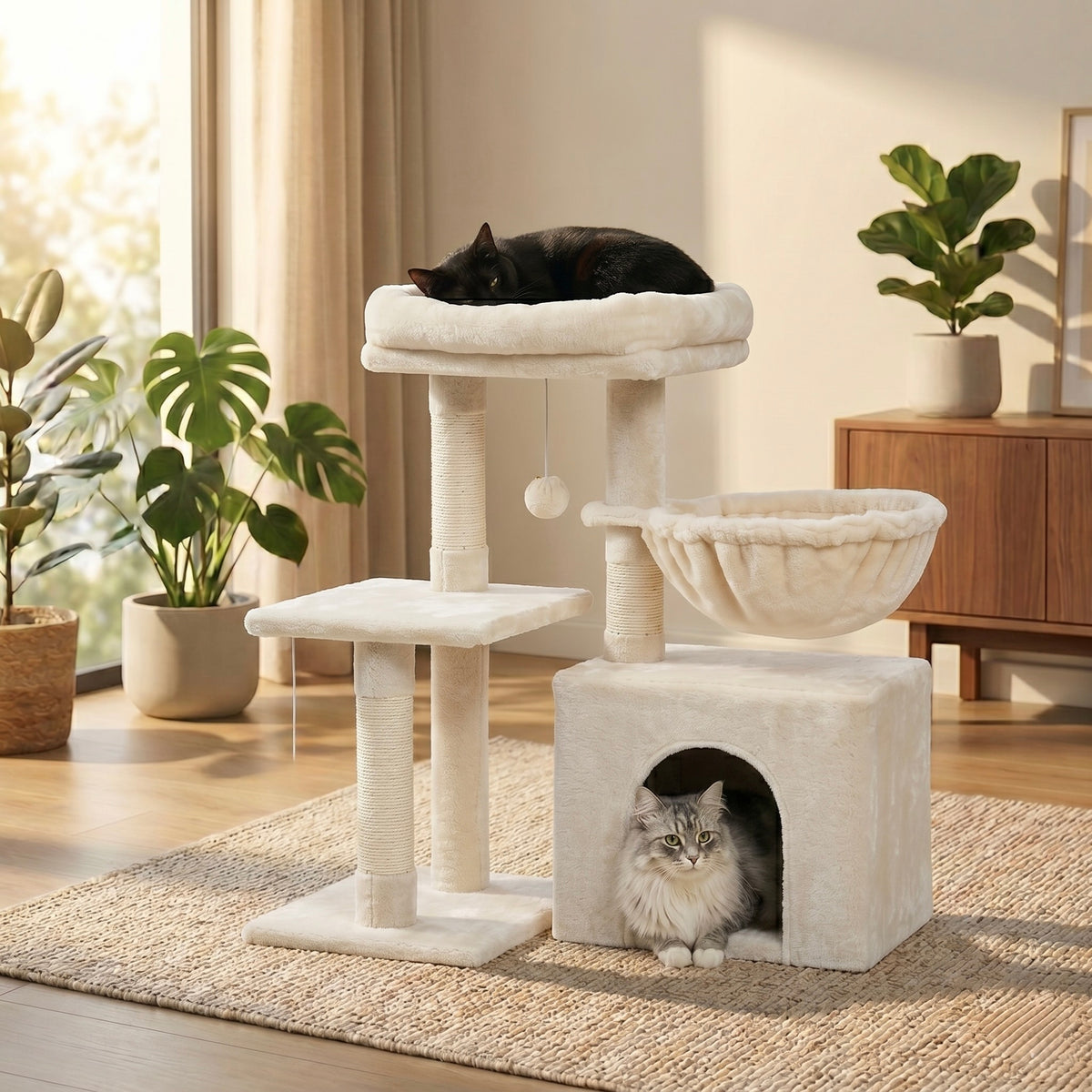 Arbre à chat compact HammiePets Flexi-Tower A 80cm avec base pivotante à 180°, en sisal et plateforme pour chats.