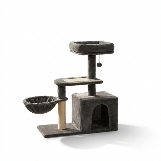 Arbre à chat compact HammiePets Flexi-Tower B 80cm avec plateforme pivotante et hamac, en peluche douce et robuste.