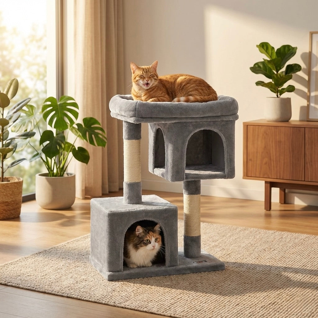 Arbre à chat compact HammiePets Loft de 84 cm avec double niche déhoussable, en bois clair et plateformes pour chat.