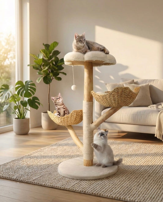 Arbre à chat design HammiePets en bois massif scandinave, 110cm, avec plateformes et sisal pour chat.