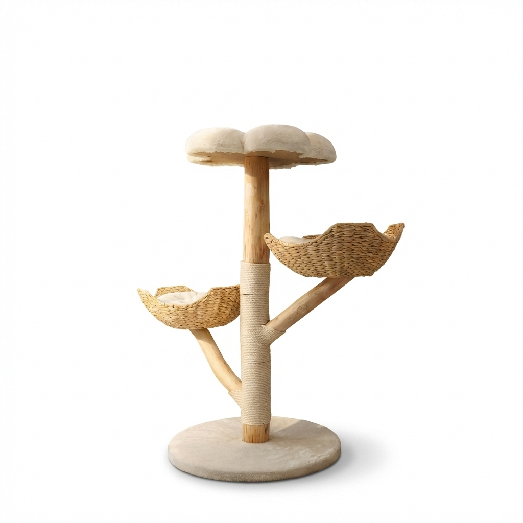 Arbre à chat design Nordic Wood HammiePets en bois massif scandinave, hauteur 110cm avec plateforme et sisal pour griffades.