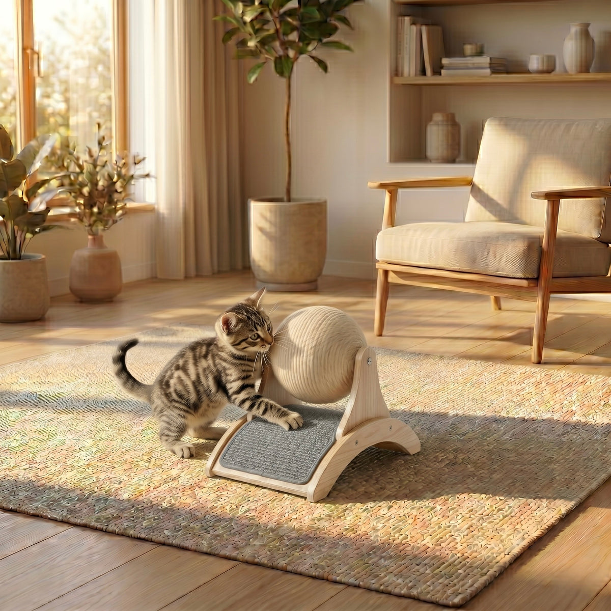 Balle griffoir rotative 2-en-1 HammiePets avec bois massif et sisal pour chat, en position sur un sol.