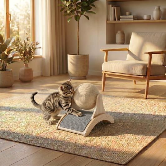 Balle griffoir rotative 2-en-1 HammiePets avec bois massif et sisal pour chat, en position sur un sol.