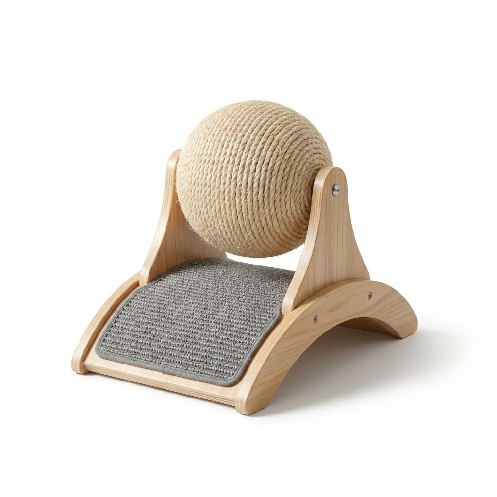 Balle griffoir rotative 2-en-1 HammiePets en bois massif et sisal pour chat, griffoir compact et divertissant.