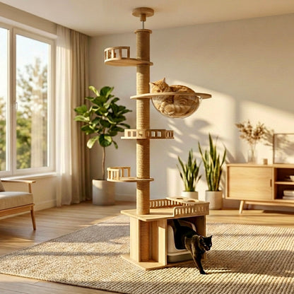 Tour d'Escalade Skyline HammiePets - Arbre à Chat Sol-Plafond 250-270cm - Sans Perçage & Télescopique