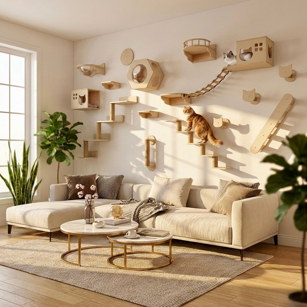 Parcours Mural pour Chat SkyWalk HammiePets - Arbre à Chat Mural en Bois de Pin Massif - Modulable & Gain de Place