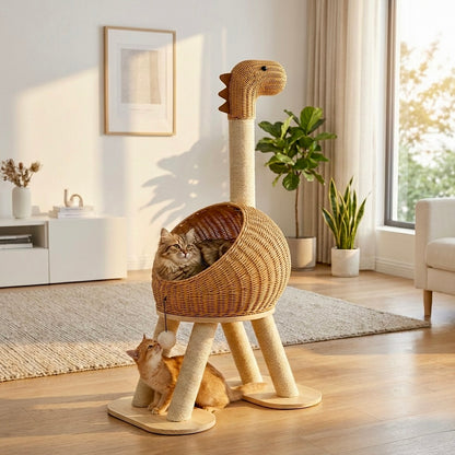 Arbre à Chat Design Dino HammiePets - 114cm - Maison en Rotin & Griffoir Sisal - Style Bohème