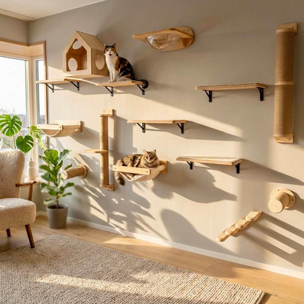 Parcours Mural SkyWalk HammiePets - Arbre à Chat Mural en Bois de Pin Massif - Modulable & Gain de Place