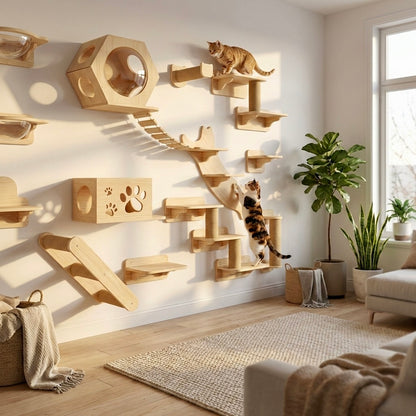 Parcours Mural pour Chat SkyWalk HammiePets - Arbre à Chat Mural en Bois de Pin Massif - Modulable & Gain de Place