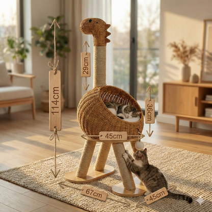 Arbre à Chat Design Dino HammiePets - 114cm - Maison en Rotin & Griffoir Sisal - Style Bohème