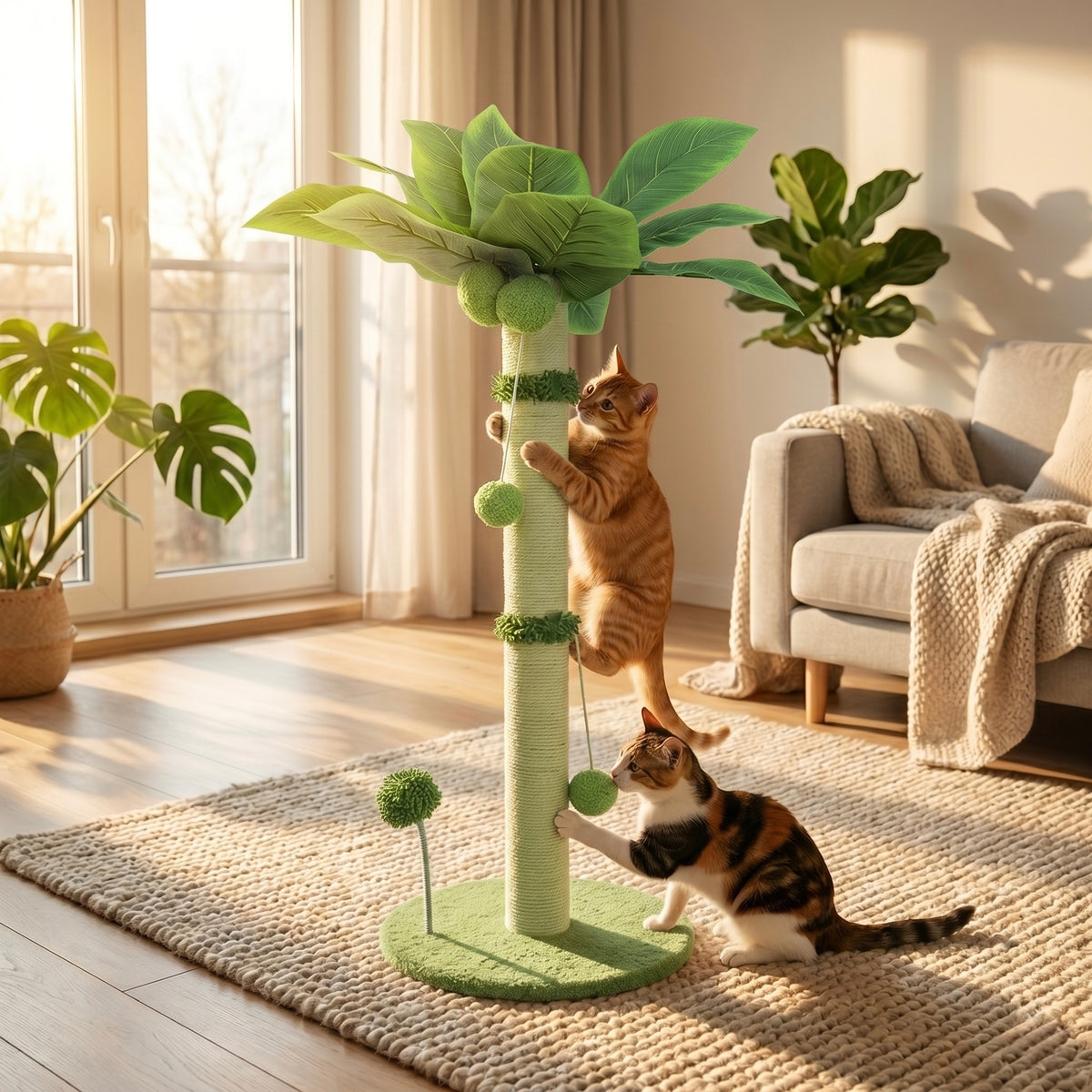 Griffoir design Palmier Tropico HammiePets, 65cm avec sisal et deux balles en ressort pour chat.
