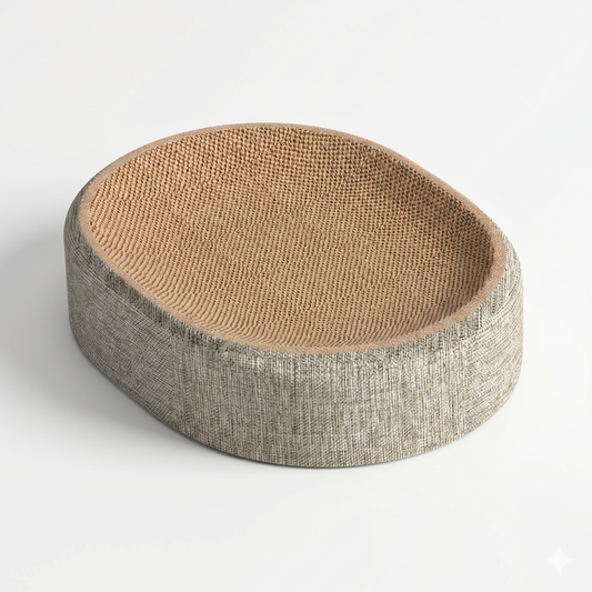 Griffoir horizontal ovale HammiePets en sisal tressé crème, panier pour chat avec surface de griffade 2-en-1.