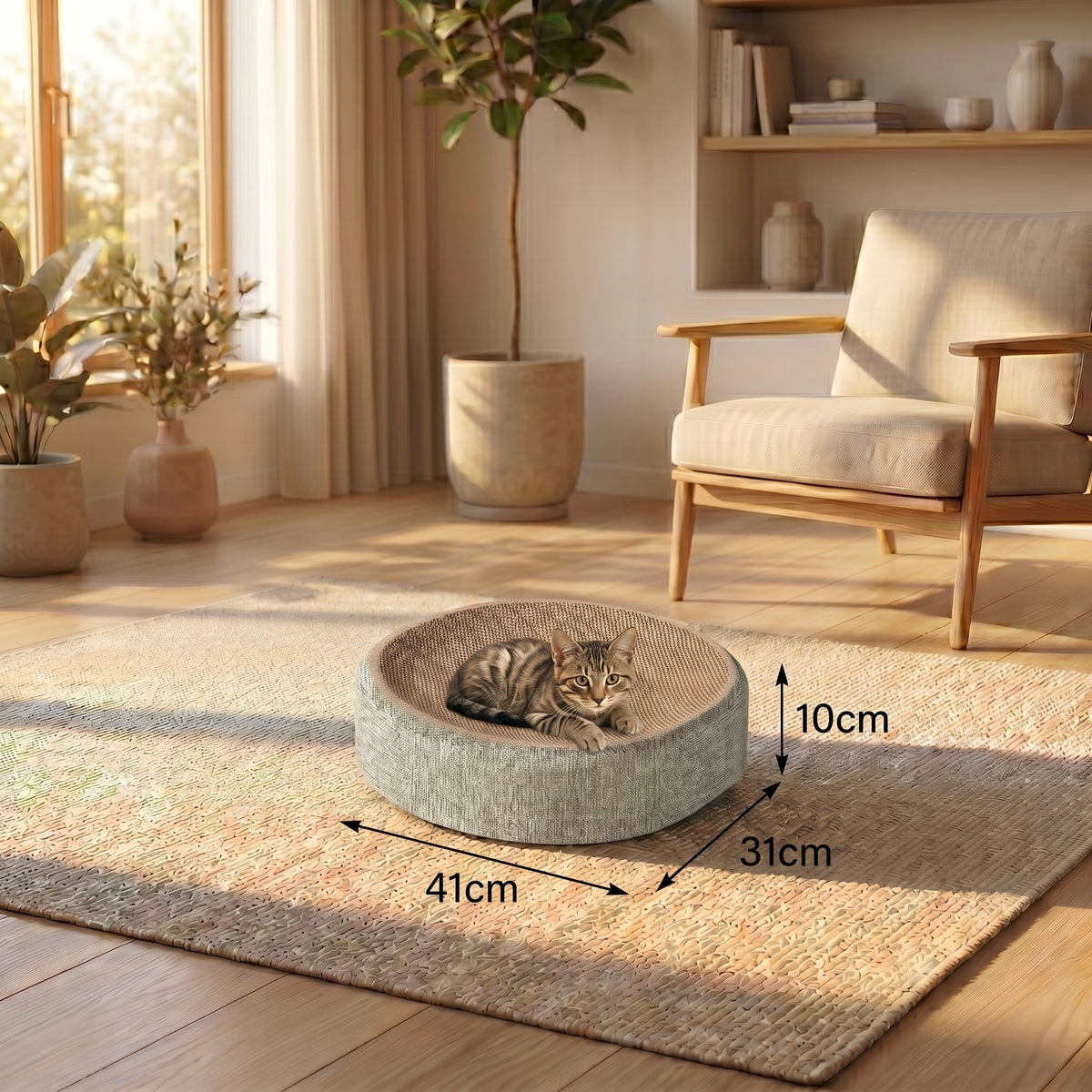 Panier griffoir ovale 2-en-1 HammiePets avec bol, tressé en sisal crème, pour animaux de compagnie.