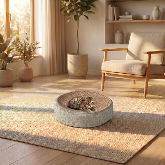 Panier griffoir ovale 2-en-1 HammiePets en sisal tressé crème, pour chats, avec surface pour griffer et espace pour reposer.