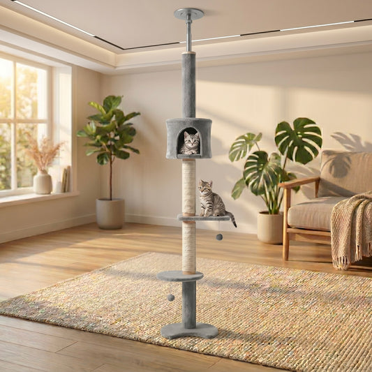 Tour Skyline Compact HammiePets, vue de détail, sol-plafond 3 niveaux 220-280cm pour chat.