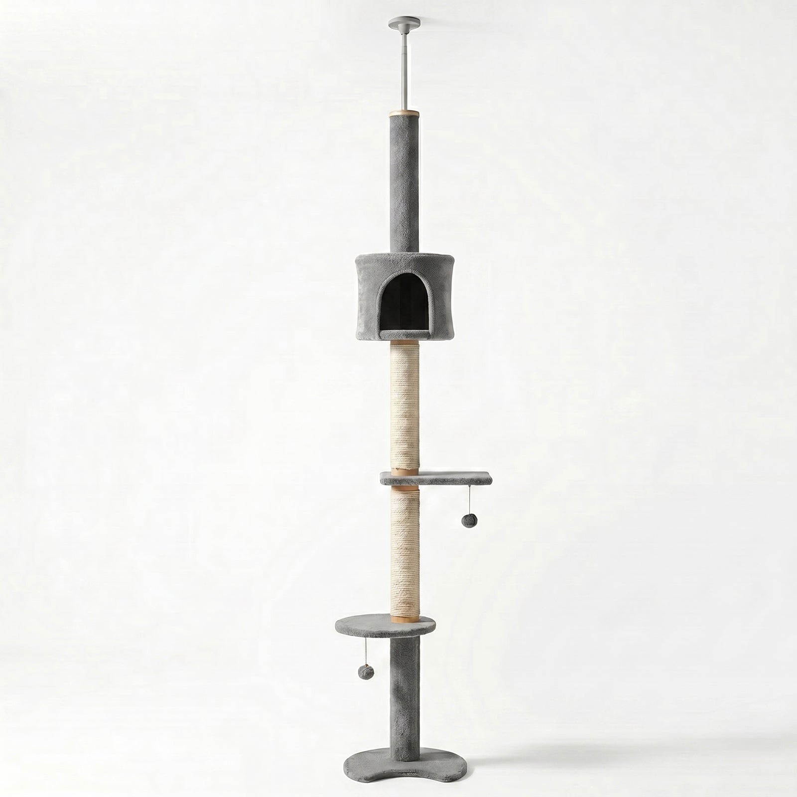 Tour Skyline Compact HammiePets, tour sol-plafond à 3 niveaux pour chat, hauteur 220-280cm, structure solide.