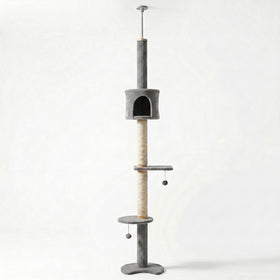 Tour Skyline Compact HammiePets, tour sol-plafond à 3 niveaux pour chat, hauteur 220-280cm, structure solide.