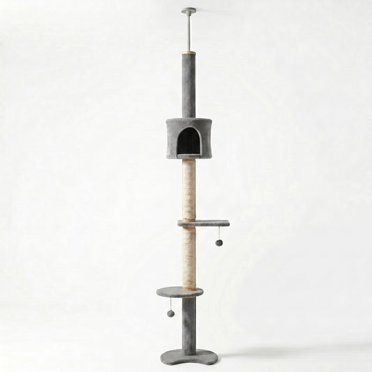 Tour Skyline Compact HammiePets, tour sol-plafond à 3 niveaux pour chat, hauteur 220-280cm, structure solide.