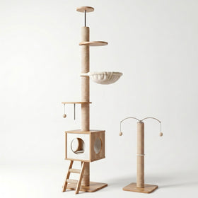 Tour Skyline standard HammiePets pour animaux, 4 niveaux, hauteur 225-285cm, beige, tour sol-plafond pour espace de jeu.