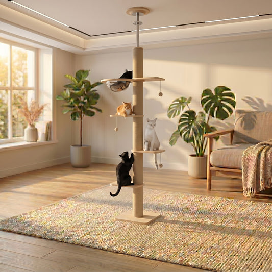 Tour sol-plafond Skyline Confort 5 niveaux de HammiePets, hauteur 250cm, avec plateformes et barrières pour animaux.