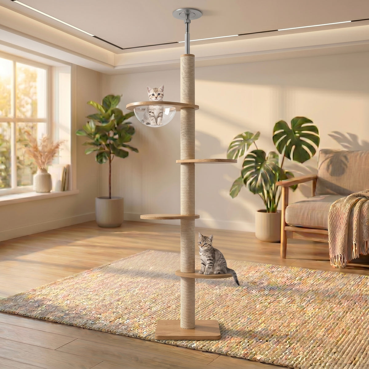 Tour sol-plafond Skyline Standard 4 niveaux de HammiePets, hauteur 250cm, avec plateforme pour animaux de compagnie.