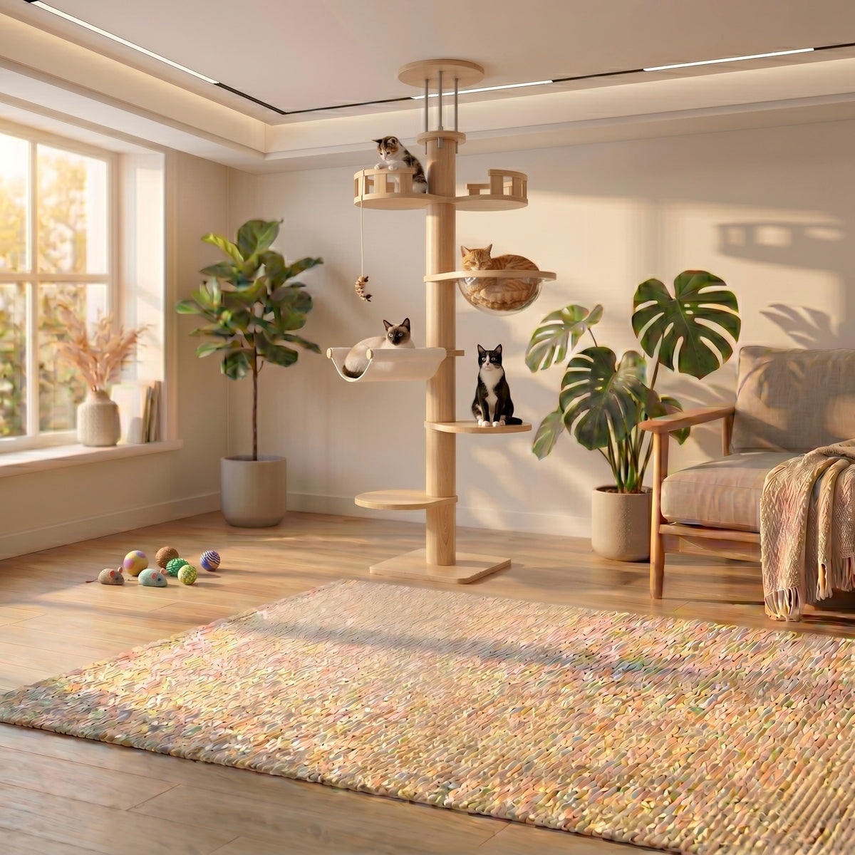 Tour sol-plafond Skyline XXL 6 niveaux pour Maine Coon, structure robuste et espace de jeu pour chat, par HammiePets.