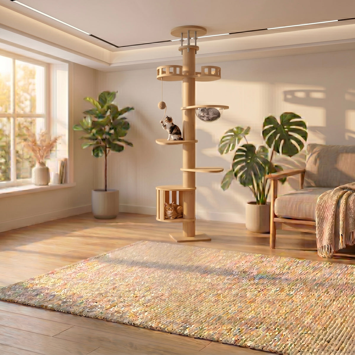Tour sol-plafond Skyline XXL Premium pour chat Maine Coon, structure robuste à 6 niveaux avec plateformes confortables.