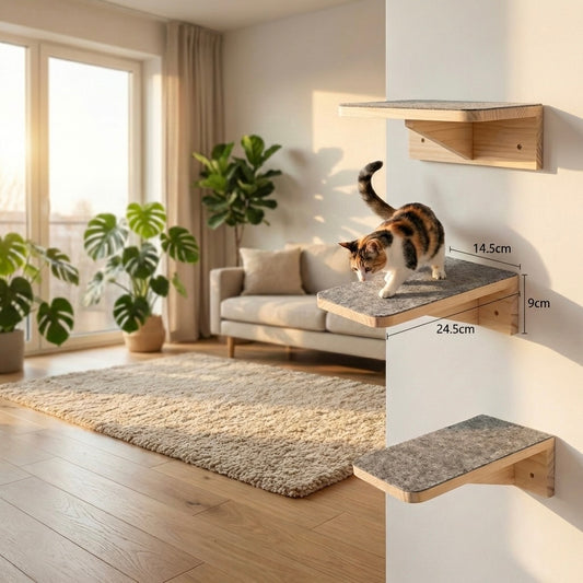 Trois modules muraux en bois massif pour chat, résistants aux rayures, de la marque HammiePets, design moderne pour intérieur chaleureux.